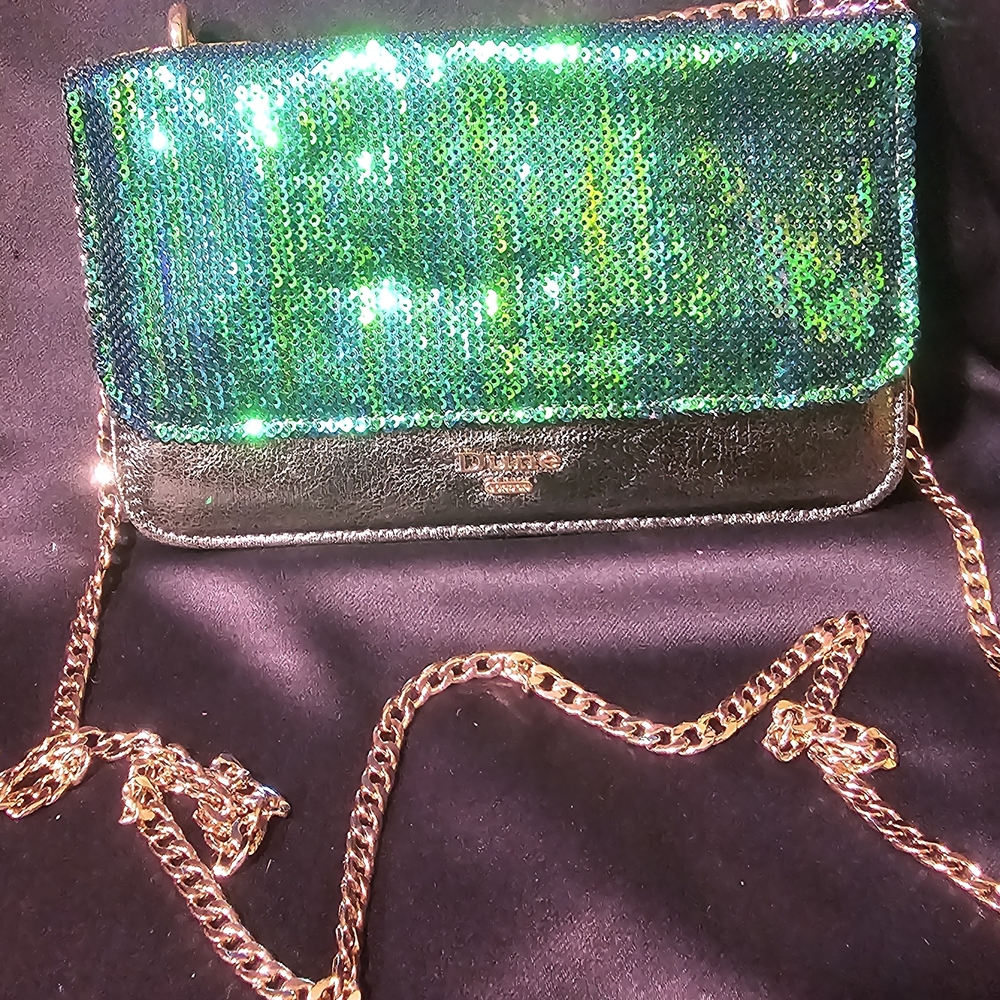 Dune London Emerald Sequin Crossbody with Gold Chain